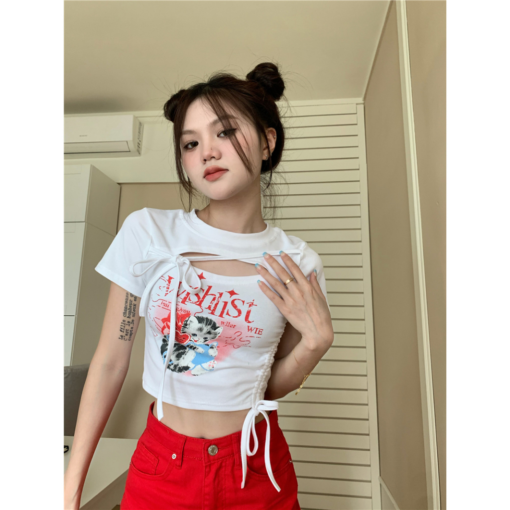 Áo Thun Croptop Tay Ngắn Dáng Ôm Phối Dây Rút In Họa Tiết Thời Trang Mùa Hè Mới 2023 Cho Nữ