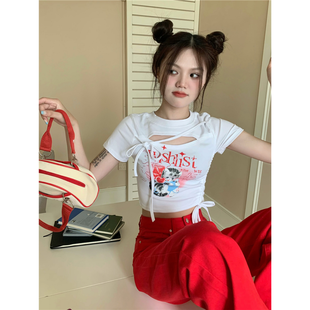 Áo Thun Croptop Tay Ngắn Dáng Ôm Phối Dây Rút In Họa Tiết Thời Trang Mùa Hè Mới 2023 Cho Nữ