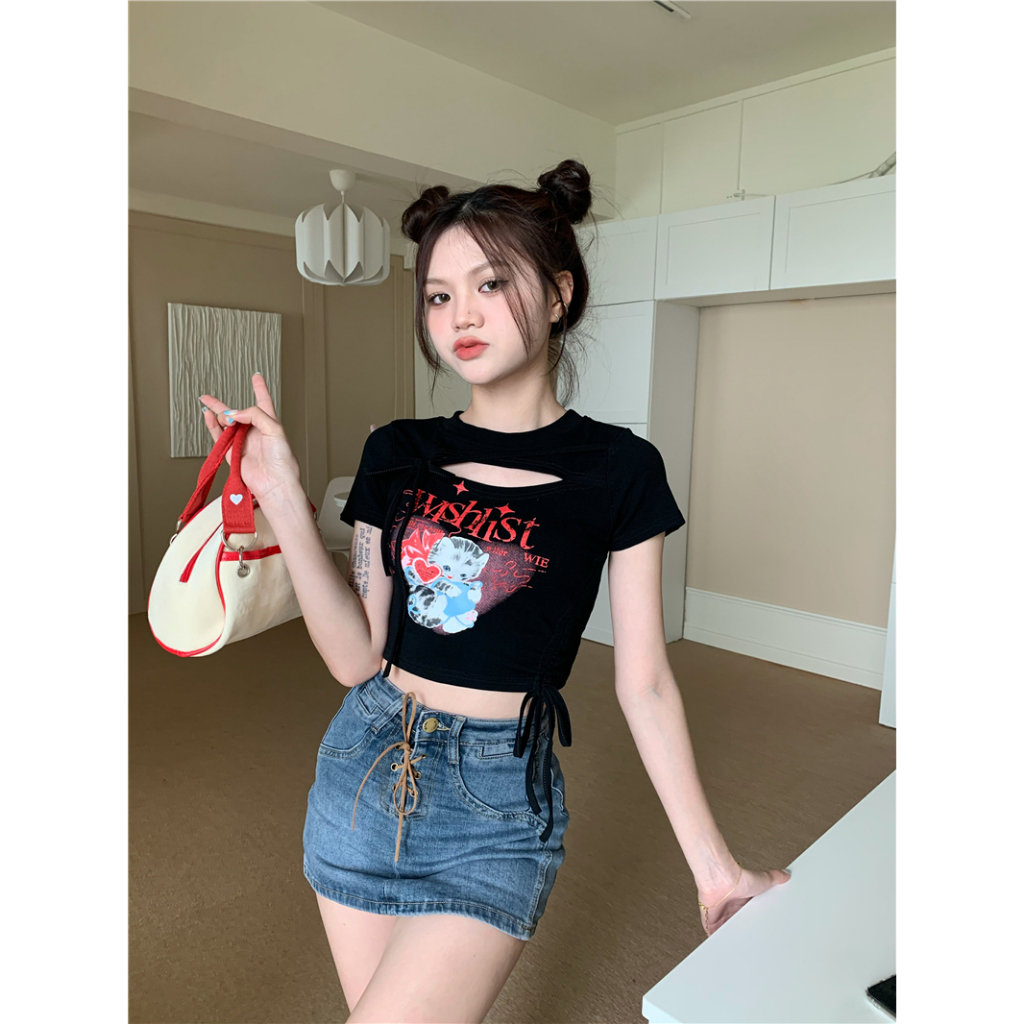 Áo Thun Croptop Tay Ngắn Dáng Ôm Phối Dây Rút In Họa Tiết Thời Trang Mùa Hè Mới 2023 Cho Nữ