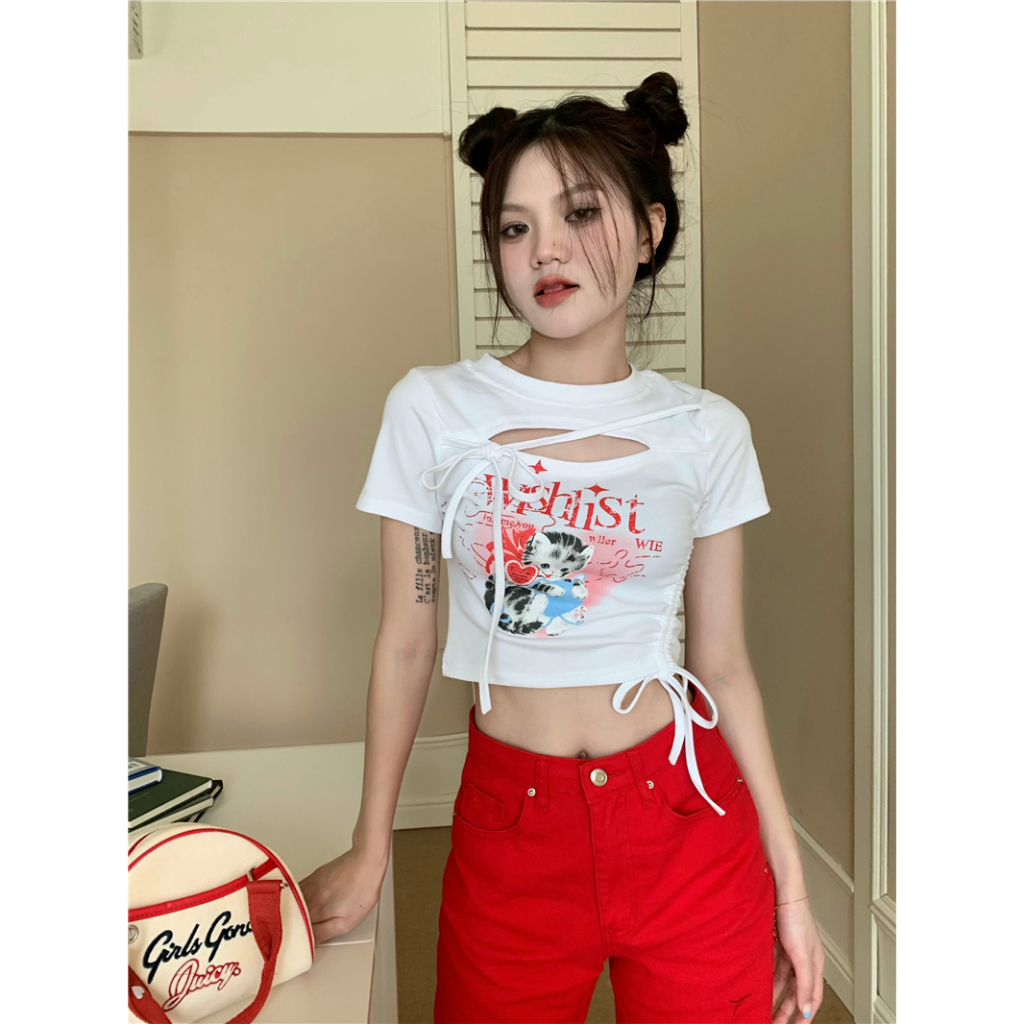 Áo Thun Croptop Tay Ngắn Dáng Ôm Phối Dây Rút In Họa Tiết Thời Trang Mùa Hè Mới 2023 Cho Nữ