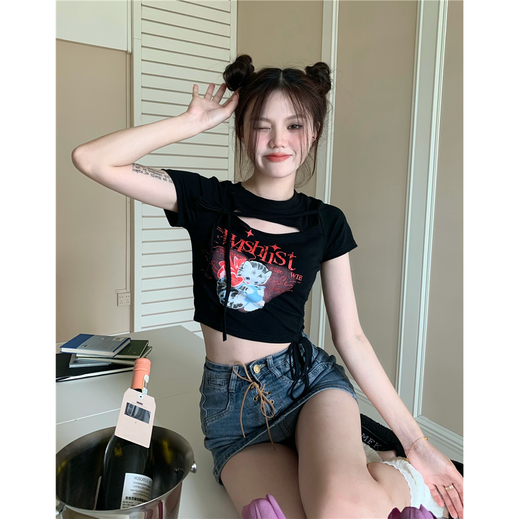 Áo Thun Croptop Tay Ngắn Dáng Ôm Phối Dây Rút In Họa Tiết Thời Trang Mùa Hè Mới 2023 Cho Nữ