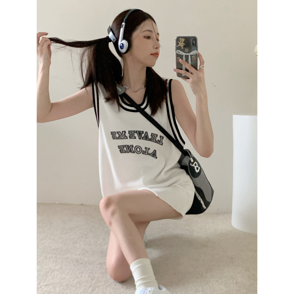 HUANG YOYO Áo không tay nữ In Chữ Thời Trang Hàn Quốc