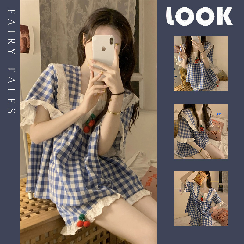 Bộ đồ ngủ EGHY gồm áo tay ngắn phối quần short vải cotton họa tiết caro ngọt ngào thời trang mùa hè cho nữ