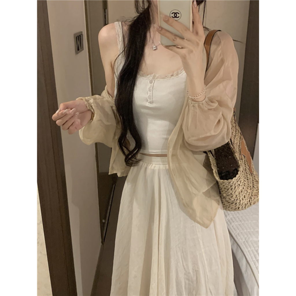 Cocory vn Bộ Áo Tank Top Hai Dây + Áo Khoác Cardigan Dài Tay Chống Nắng + Chân Váy Chữ A Lưng Cao Thời Trang Gợi Cảm Cho Nữ