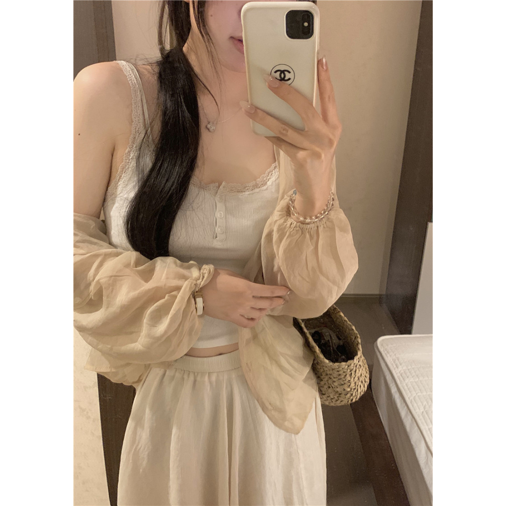 Cocory vn Bộ Áo Tank Top Hai Dây + Áo Khoác Cardigan Dài Tay Chống Nắng + Chân Váy Chữ A Lưng Cao Thời Trang Gợi Cảm Cho Nữ