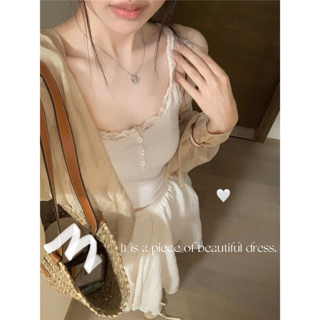 Cocory vn Bộ Áo Tank Top Hai Dây + Áo Khoác Cardigan Dài Tay Chống Nắng + Chân Váy Chữ A Lưng Cao Thời Trang Gợi Cảm Cho Nữ