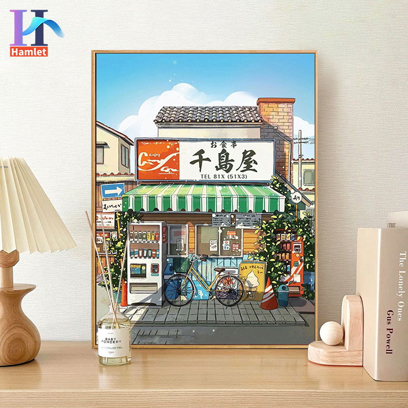 Set tranh tô màu số hóa DIY HAMLET hình cửa hàng đường phố kiến trúc Nhật Bản 40x50cm dành cho trang trí
