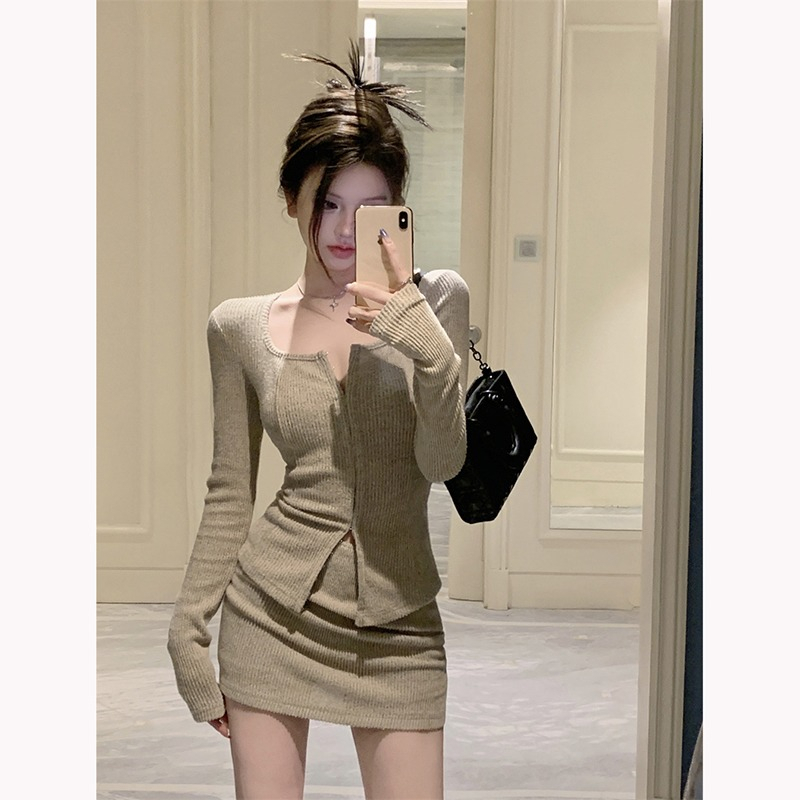 ZHELIHANGFEI Set Áo Cardigan Dài Tay Và Chân Váy Ngắn Lưng Cao Phong Cách Quyến Rũ Dành Cho Nữ
