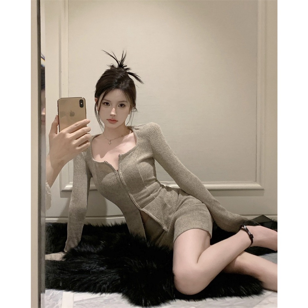 ZHELIHANGFEI Set Áo Cardigan Dài Tay Và Chân Váy Ngắn Lưng Cao Phong Cách Quyến Rũ Dành Cho Nữ