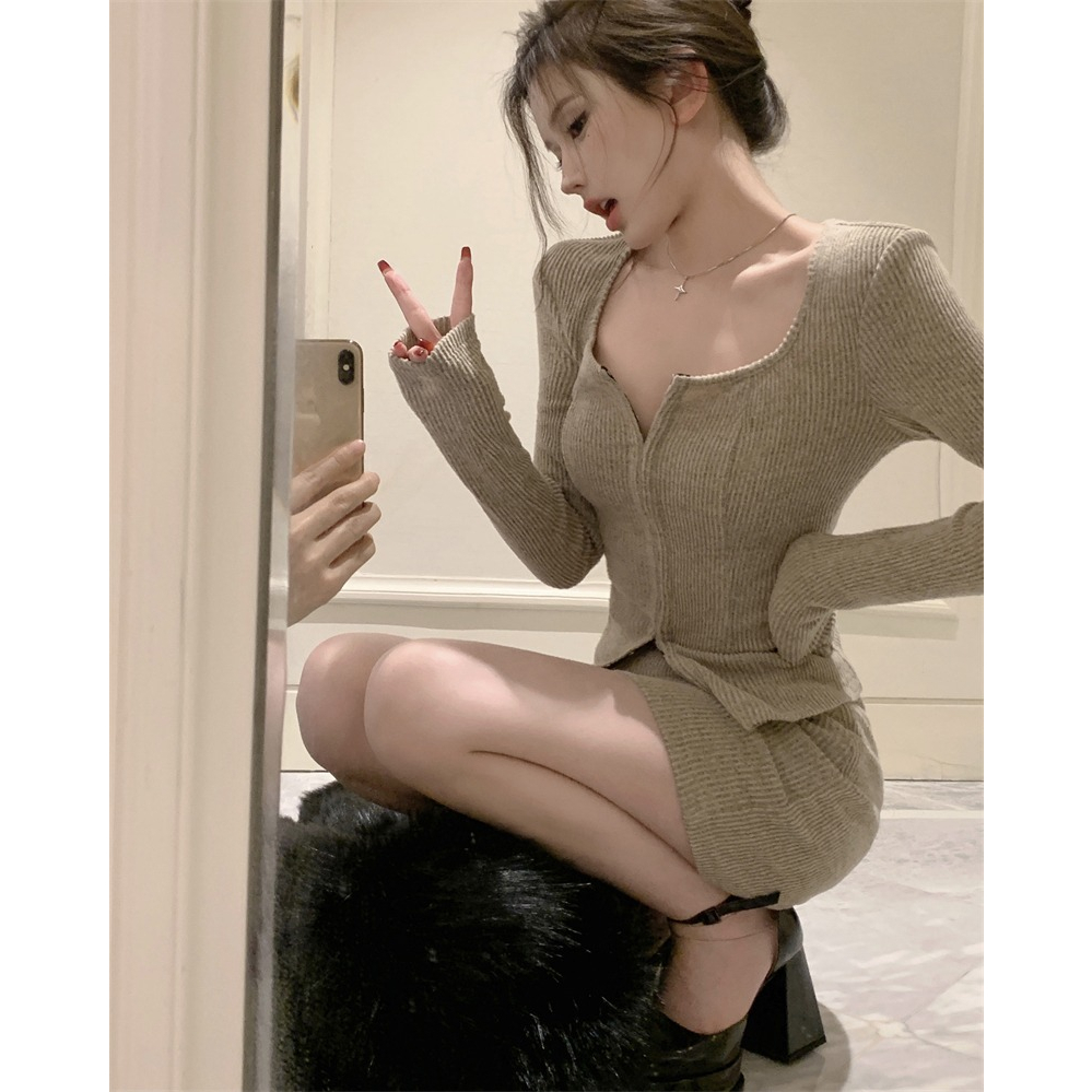 ZHELIHANGFEI Set Áo Cardigan Dài Tay Và Chân Váy Ngắn Lưng Cao Phong Cách Quyến Rũ Dành Cho Nữ