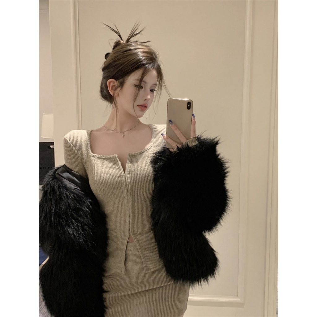 ZHELIHANGFEI Set Áo Cardigan Dài Tay Và Chân Váy Ngắn Lưng Cao Phong Cách Quyến Rũ Dành Cho Nữ