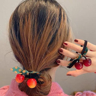 Dây buộc tóc cao su co giãn hình quả cherry đỏ rượu vang cho nữ
