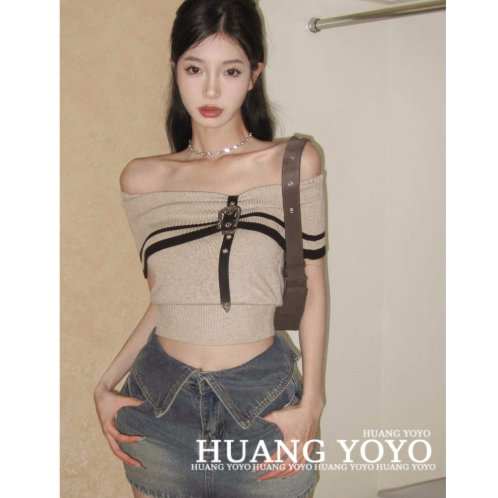 Áo croptop KUMIKUMI dệt kim trễ vai ôm dáng thời trang cho nữ