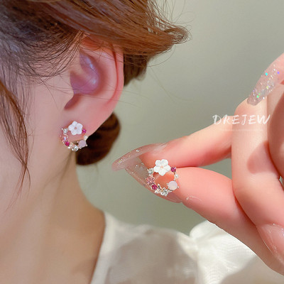 DREJEW Bông Tai Mạ Bạc Hình Hoa Đính Kim Cương Ngọc Trai Đơn Giản Thời Trang