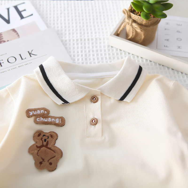 Set Áo Thun polo Tay Ngắn & Quần Short Cotton Màu Trơn Hình Gấu Nâu Thời Trang Mùa Hè Cho Bé Kích Thước 80-130cm