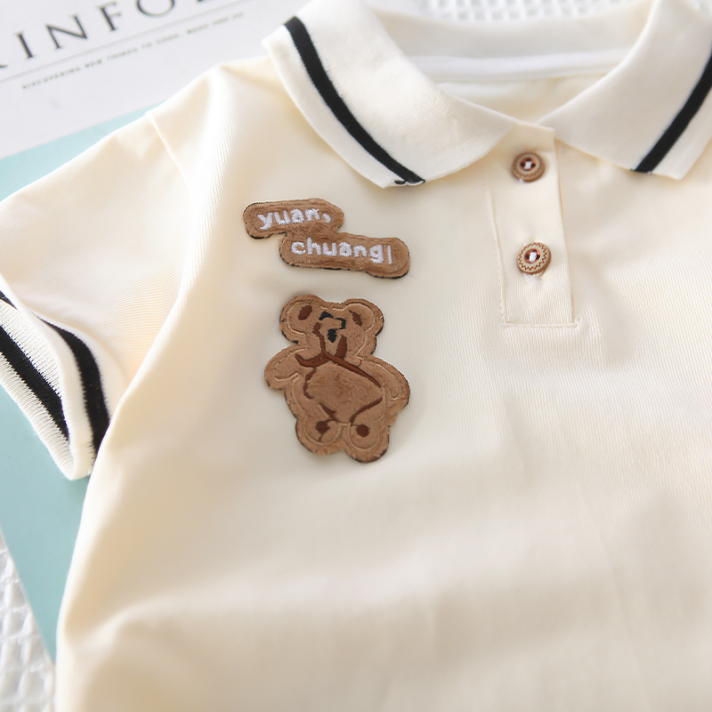 Set Áo Thun polo Tay Ngắn & Quần Short Cotton Màu Trơn Hình Gấu Nâu Thời Trang Mùa Hè Cho Bé Kích Thước 80-130cm