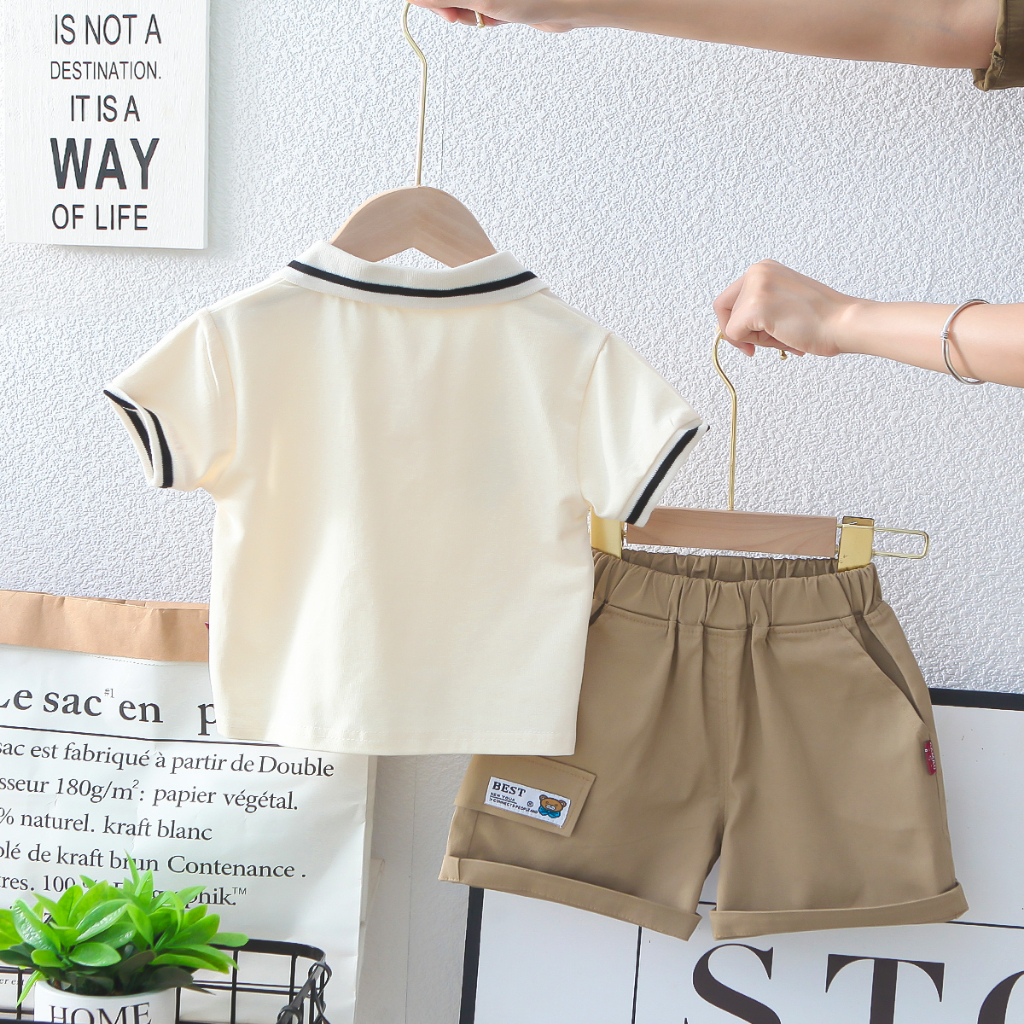 Set Áo Thun polo Tay Ngắn & Quần Short Cotton Màu Trơn Hình Gấu Nâu Thời Trang Mùa Hè Cho Bé Kích Thước 80-130cm
