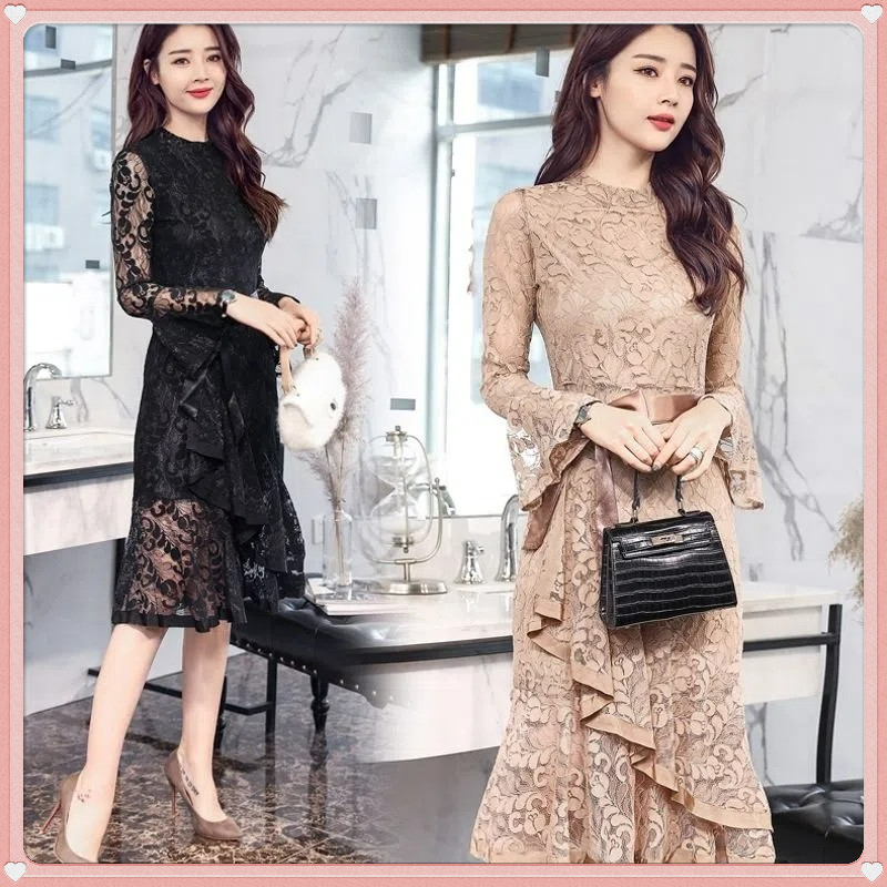 Đầm Đuôi Cá Tay Dài Phối Ren Phong Cách Hàn Quốc Dành Cho Nữ