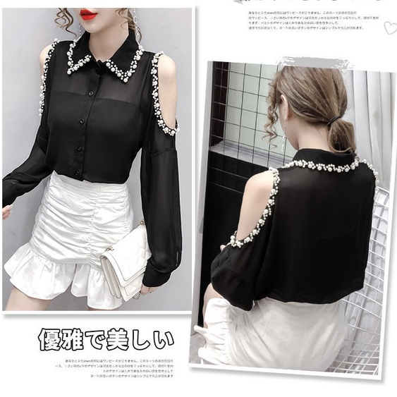 Áo Sơ Mi Dài Tay Trễ Vai Đính Ngọc Trai Phong Cách Pháp Thời Trang Dành Cho Nữ