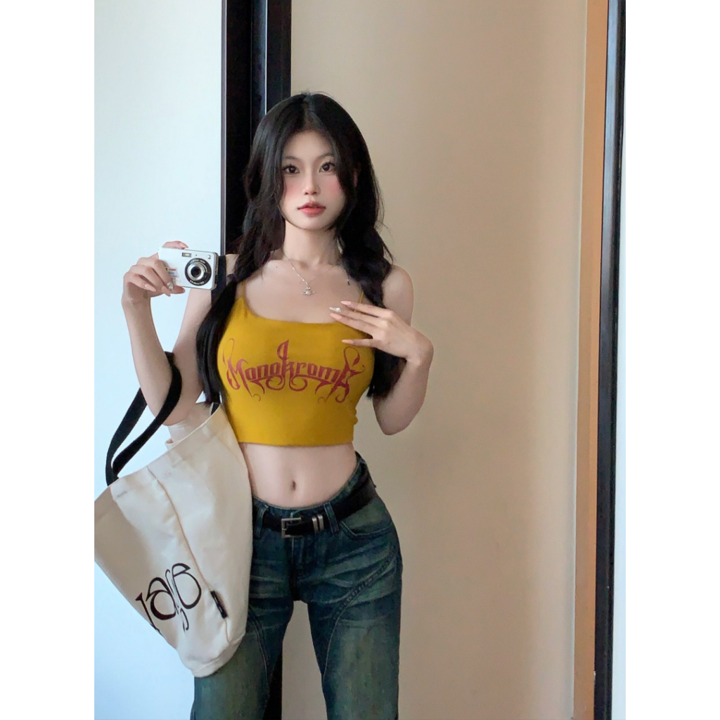 Áo Không Tay In Chữ Spicy girl Màu Vàng Gợi Cảm (Áo Ngắn Có Đệm Ngực)