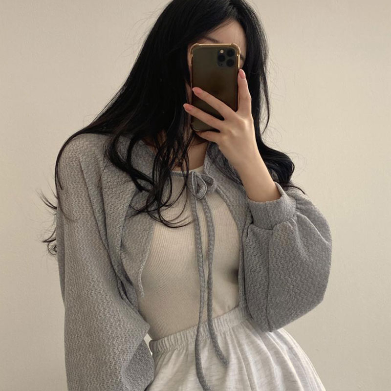 Aphrod Niche Áo Khoác Cardigan Ngắn Mỏng Tay Phồng Thiết Kế Atrap Retro Mùa Hè Cho Nữ