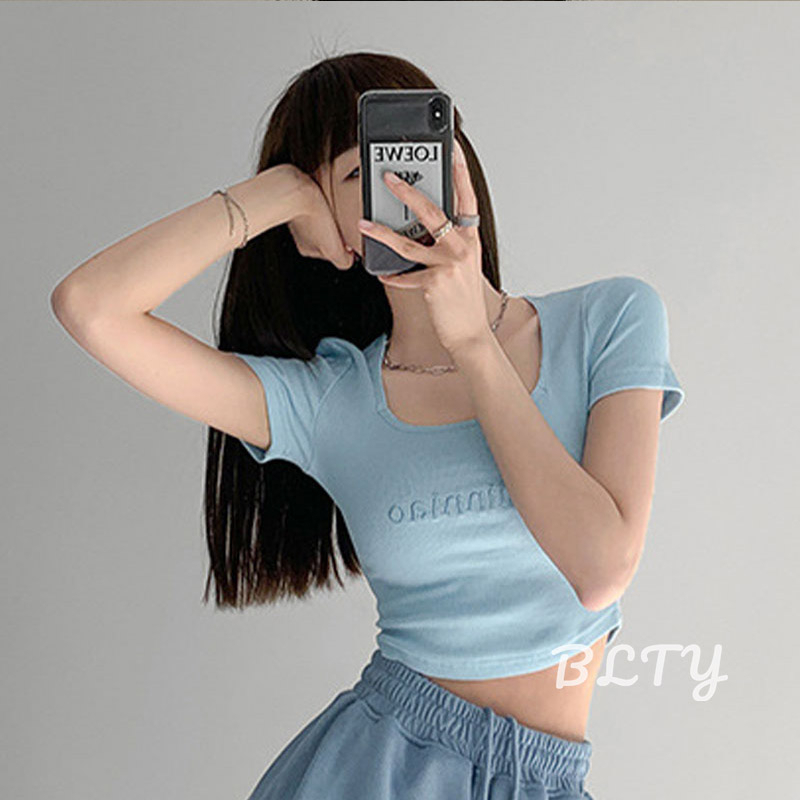 BLTY Áo Thun Ngắn Tay Hở Rốn Cổ Vuông Eo Cao Thêu Chữ Phong Cách retro Mỹ