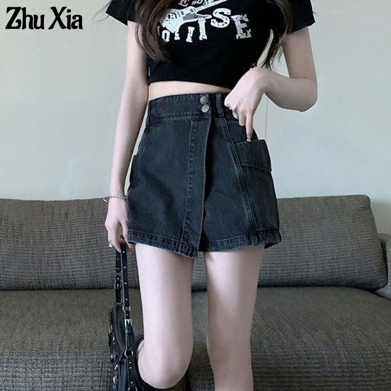 Quần đùi giả váy ZHUXIA denim lưng cao ống rộng phong cách Mỹ retro thời trang mùa hè 2023 mới dành cho nữ