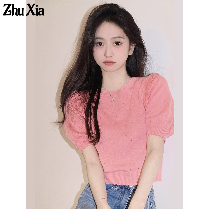Áo thun nữ ZHUXIA dệt kim tay ngắn thời trang mùa hè phong cách Hàn Quốc