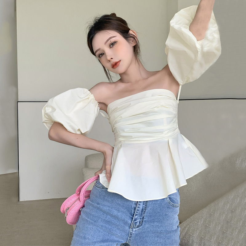 Lalisas Áo Sơ Mi Ngắn Tay Trễ Vai Thiết Kế Xếp Ly Phong Cách Pháp Ngọt Ngào