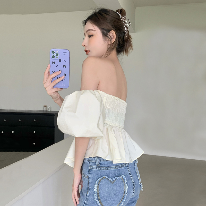 Lalisas Áo Sơ Mi Ngắn Tay Trễ Vai Thiết Kế Xếp Ly Phong Cách Pháp Ngọt Ngào