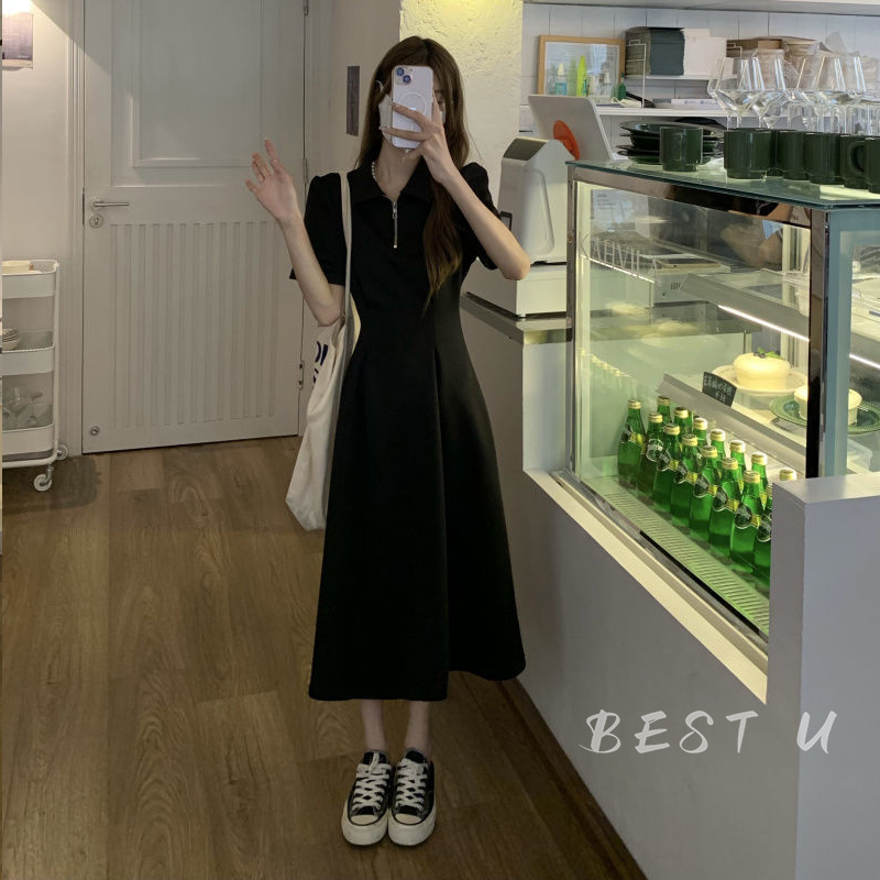 BEST U Đầm Chữ A Ngắn Tay Cổ Polo Xếp Ly Ôm Eo Thời Trang Cho Nữ