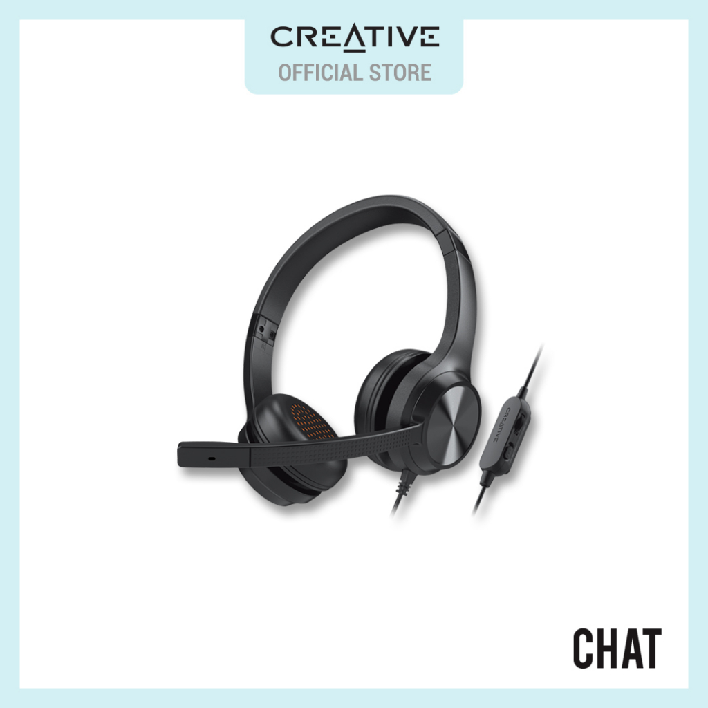 Tai nghe On-ear Creative Chat với m thanh nổi 3,5 mm, Mic ngưng tụ Khử tiếng ồn dạng cần gạt, Công tắc Tắt Bật Mic