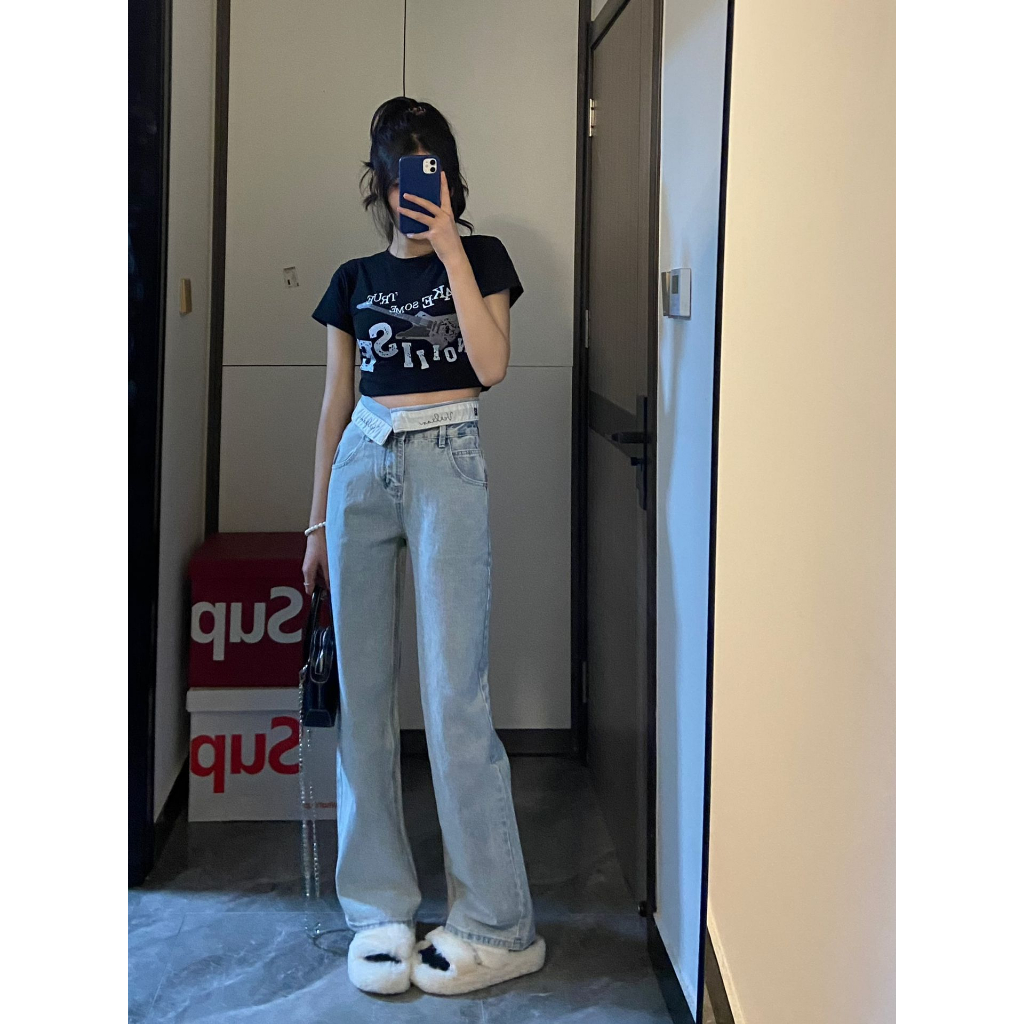 QADCOL Vibe Quần Jean Dài Lưng Cao Ống Đứng Dáng Ôm Phong Cách retro Đường Phố Thời Trang Cao Cấp Dành Cho Trẻ Em