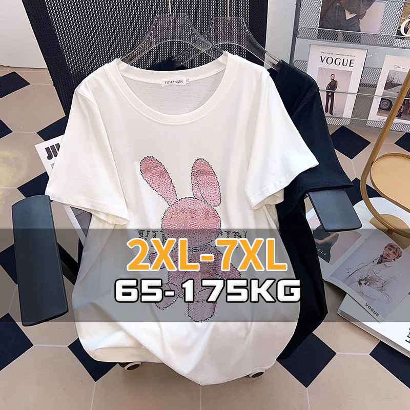 Áo Thun Nữ Tay Ngắn Bằng Vải Cotton Đính Kim Cương Giả Plus Size 65-155kg 2XL / 3XL / 4XL / 5XL / 6XL / 7XL