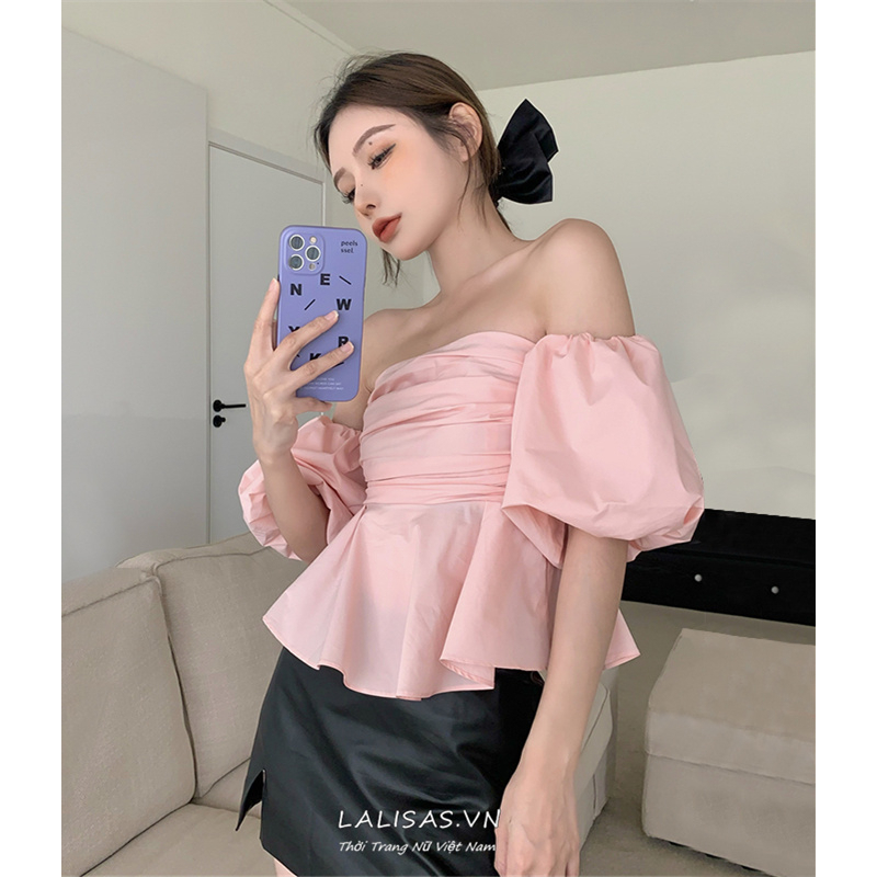 Lalisas Áo Sơ Mi Ngắn Tay Trễ Vai Thiết Kế Xếp Ly Phong Cách Pháp Ngọt Ngào