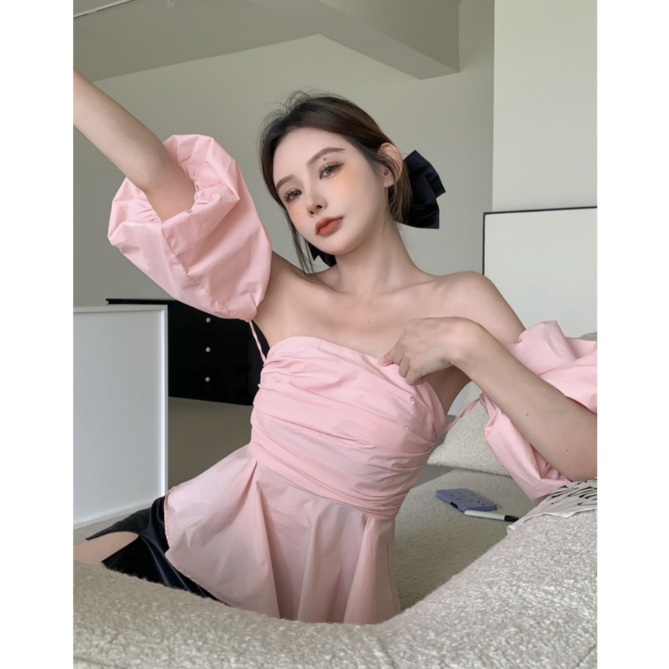 Lalisas Áo Sơ Mi Ngắn Tay Trễ Vai Thiết Kế Xếp Ly Phong Cách Pháp Ngọt Ngào