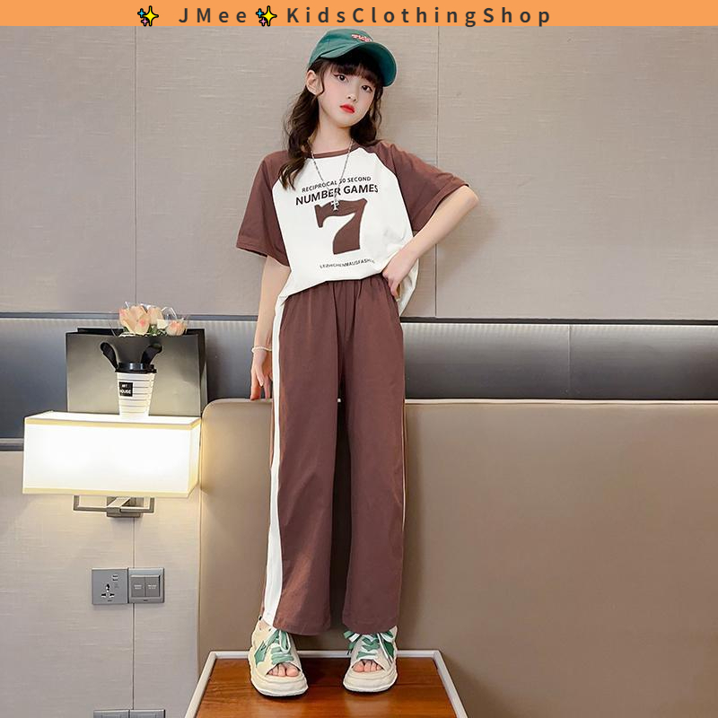 Bộ Đồ Thể Thao Ngắn Tay In Họa Tiết Kỹ Thuật Số Thời Trang Mùa Hè Hàn Quốc Cho Bé Gái 3-14 Tuổi