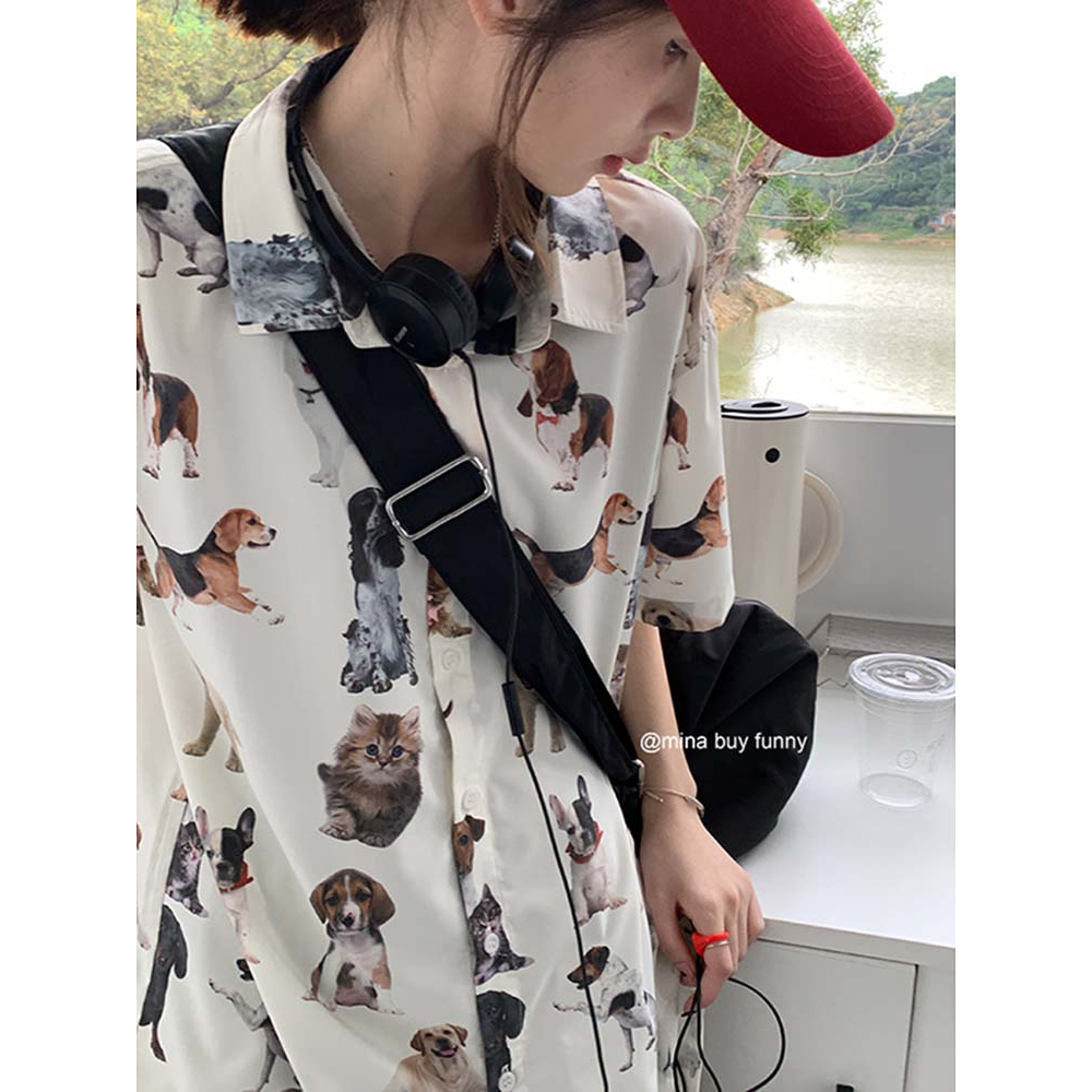 HUANG YOYO Áo Sơ Mi Tay Ngắn Dáng Rộng Có Cổ In Hình Động Vật Vui Nhộn Thiết Kế Mới Dành Cho Bạn Gái