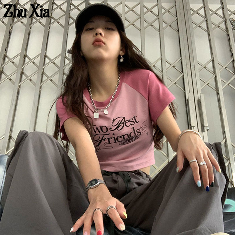 Áo thun ZHUXIA ngắn tay màu sắc retro thời trang cho nữ