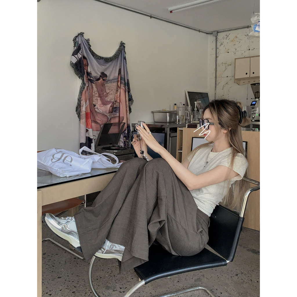 QADCOL Set Áo Thun Ngắn Tay + Quần Dài Lưng Cao Họa Tiết Kẻ Sọc Thời Trang Mùa Hè Cho Nữ