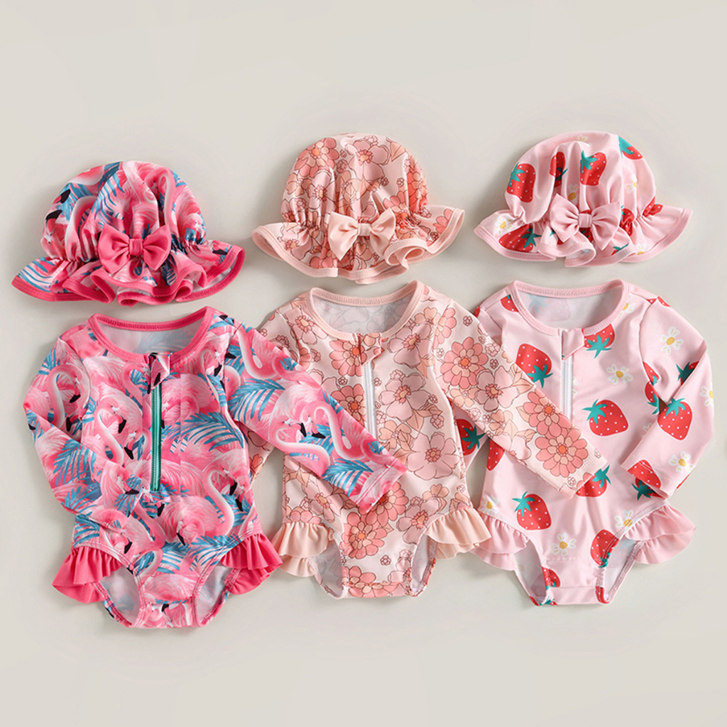 Bộ Đồ Bơi + Mũ Chống Nắng Tay Dài In Họa Tiết Dâu Tây Dễ Thương Cho Bé Gái 6 Tháng-3 Tuổi