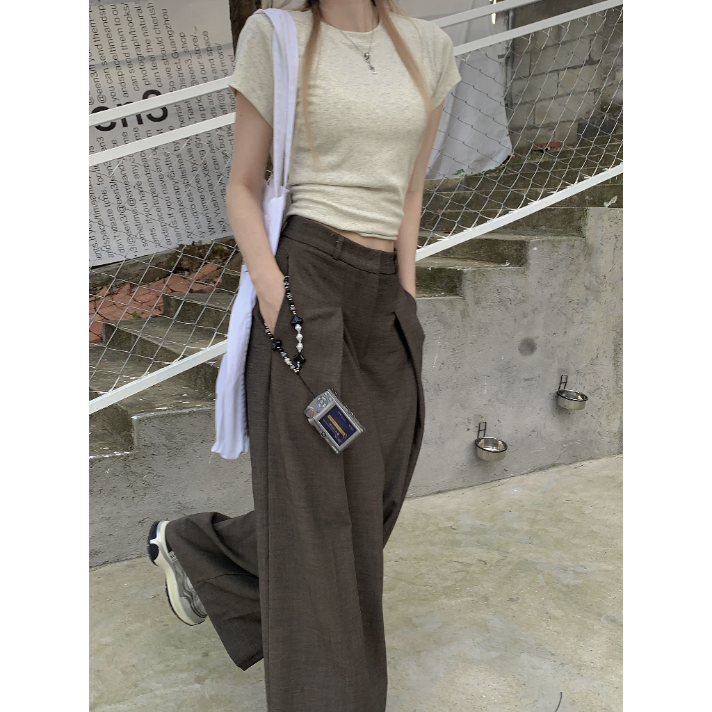 QADCOL Set Áo Thun Ngắn Tay + Quần Dài Lưng Cao Họa Tiết Kẻ Sọc Thời Trang Mùa Hè Cho Nữ