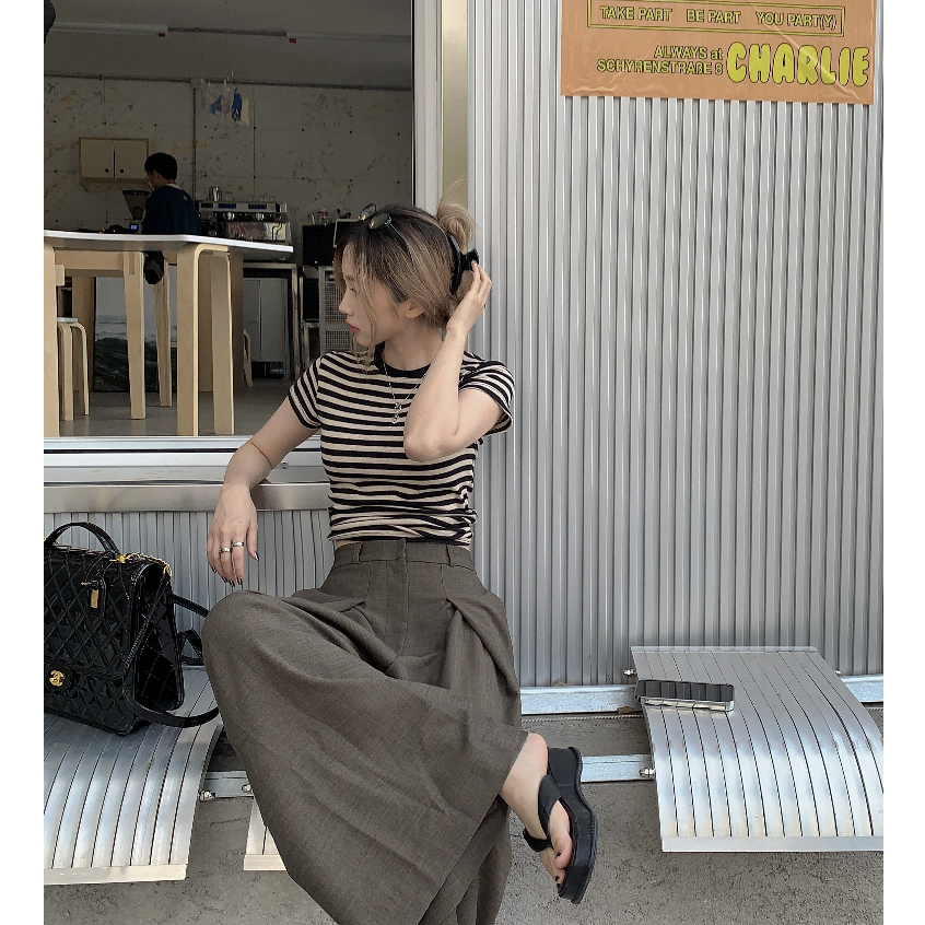 QADCOL Set Áo Thun Ngắn Tay + Quần Dài Lưng Cao Họa Tiết Kẻ Sọc Thời Trang Mùa Hè Cho Nữ