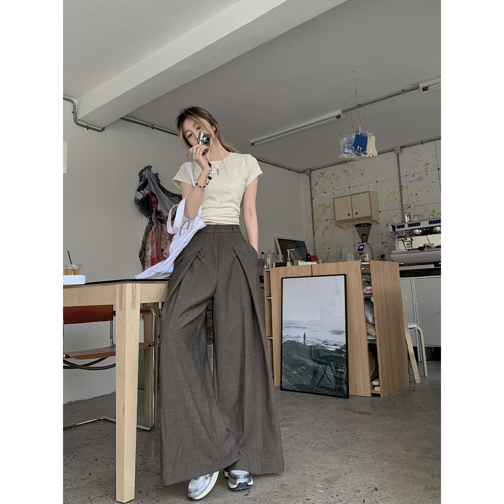 QADCOL Set Áo Thun Ngắn Tay + Quần Dài Lưng Cao Họa Tiết Kẻ Sọc Thời Trang Mùa Hè Cho Nữ