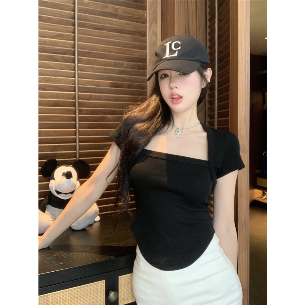 QADCOL Niche Áo Thun Tay Ngắn Cổ Vuông Màu Đen Dáng Ôm Thời Trang Mùa Hè Dành Cho Nữ