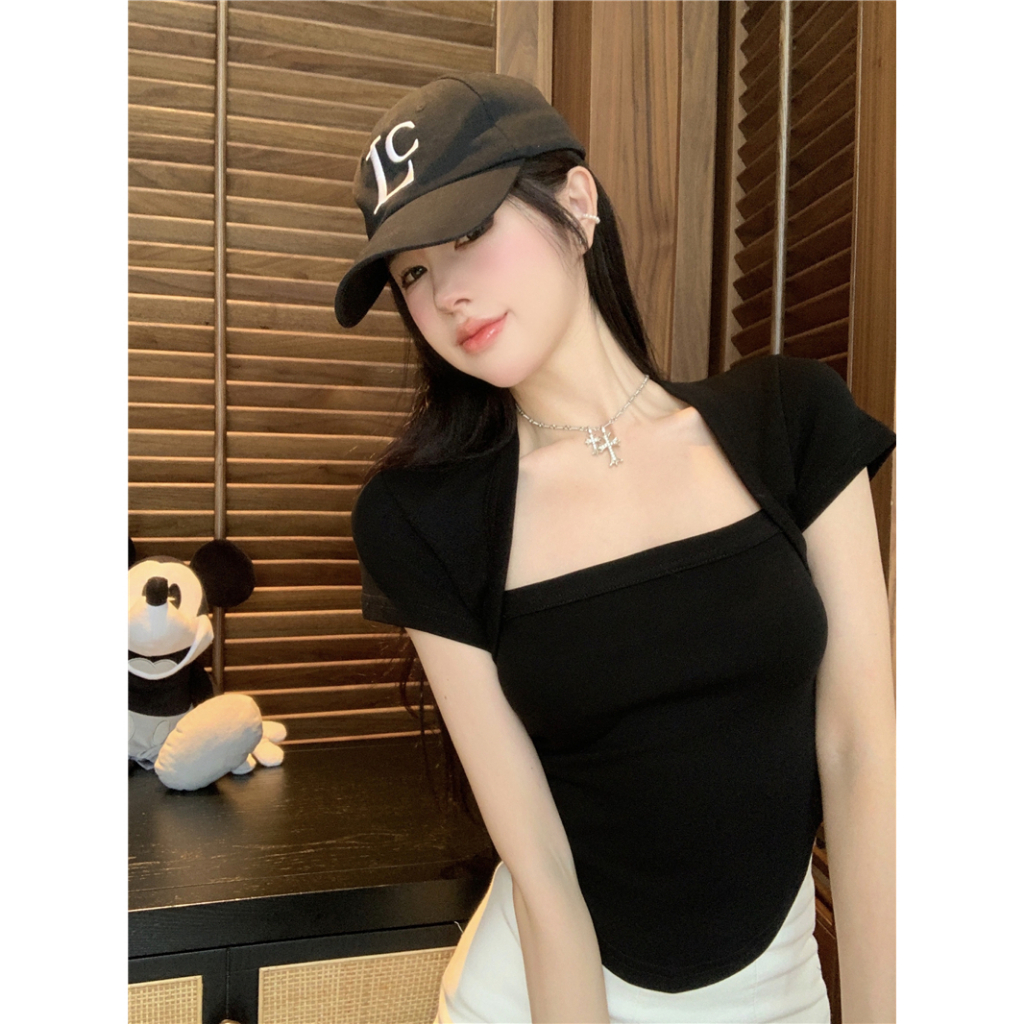 QADCOL Niche Áo Thun Tay Ngắn Cổ Vuông Màu Đen Dáng Ôm Thời Trang Mùa Hè Dành Cho Nữ