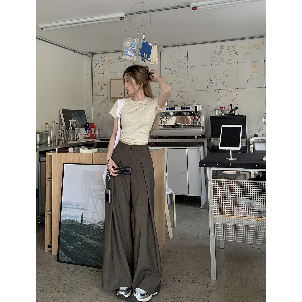 QADCOL Set Áo Thun Ngắn Tay + Quần Dài Lưng Cao Họa Tiết Kẻ Sọc Thời Trang Mùa Hè Cho Nữ