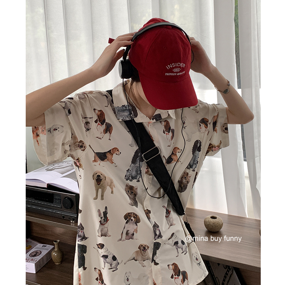 HUANG YOYO Áo Sơ Mi Tay Ngắn Dáng Rộng Có Cổ In Hình Động Vật Vui Nhộn Thiết Kế Mới Dành Cho Bạn Gái