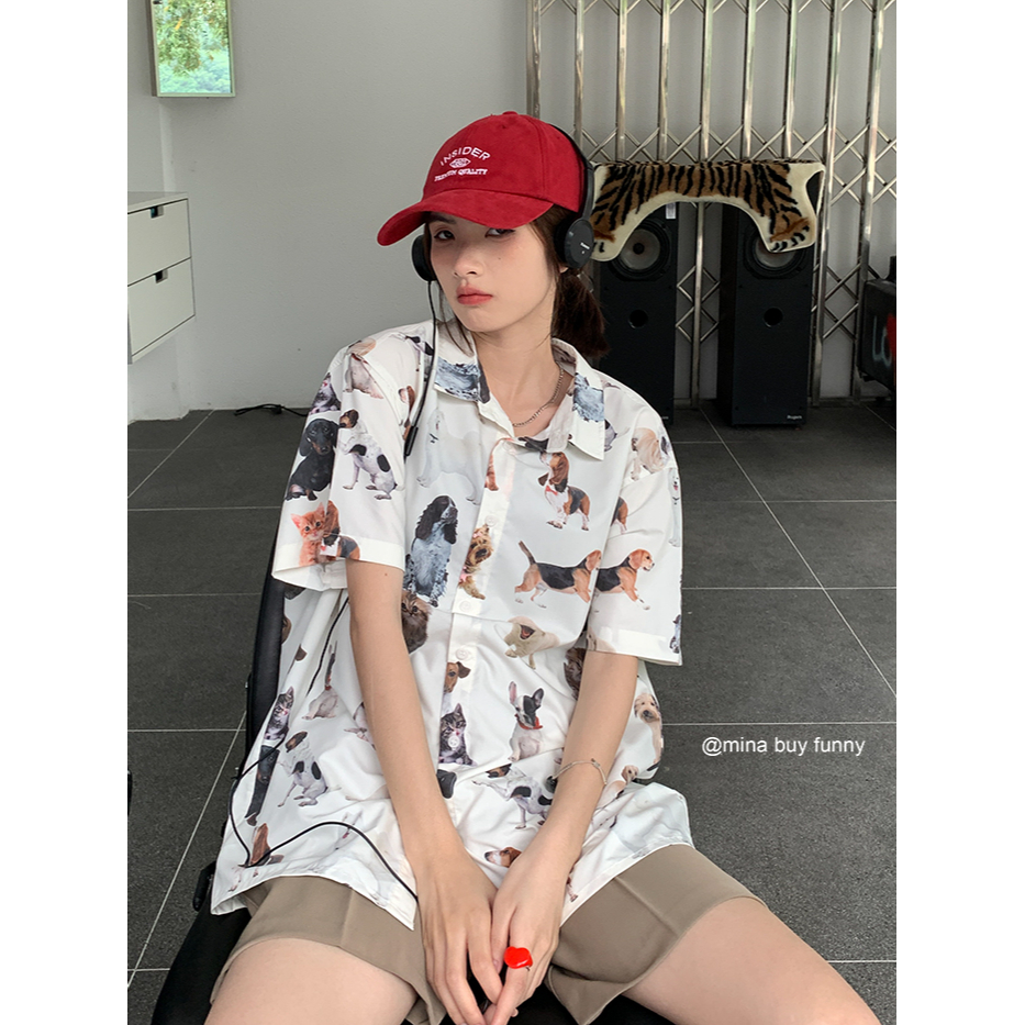 HUANG YOYO Áo Sơ Mi Tay Ngắn Dáng Rộng Có Cổ In Hình Động Vật Vui Nhộn Thiết Kế Mới Dành Cho Bạn Gái