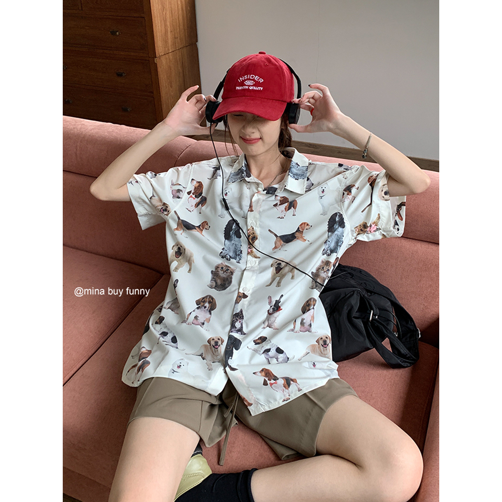 HUANG YOYO Áo Sơ Mi Tay Ngắn Dáng Rộng Có Cổ In Hình Động Vật Vui Nhộn Thiết Kế Mới Dành Cho Bạn Gái